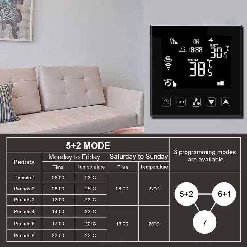 Termostat smart negru HYSEN HY603-WIFI-AC Tuya, ventiloconvertor Termostat smart negru HYSEN HY603-WIFI-AC Tuya, ventiloconvertor